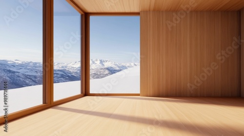 A minimalist empty wooden room with large floor-to-ceiling windows, offering breathtaking snowy mountain views and clear blue skies..