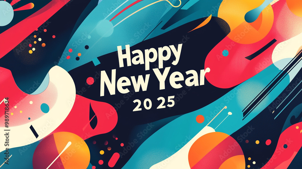 A vibrant and colorful design celebrating the New Year 2025, featuring abstract shapes and a festive A vibrant and colorful design celebrating the New Year 2025, featuring abstract shapes and a festive