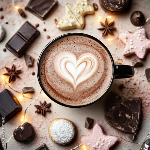 Cup of hot tasty coffee with coffe beabs, cinnamon and chocolate in the background, top down view. Heart shaped decor on the coffee. Square frame for instagram post. photo