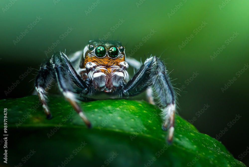 Colorful jumping spider resting on a green leaf. Colorful jumping spider resting on a green leaf.