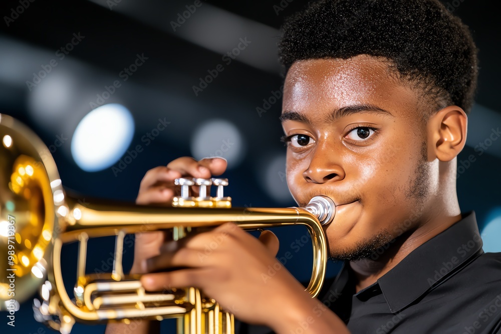 Obraz premium A close-up of a trumpet player’s face, with their cheeks puffed out and fingers expertly pressing the valves