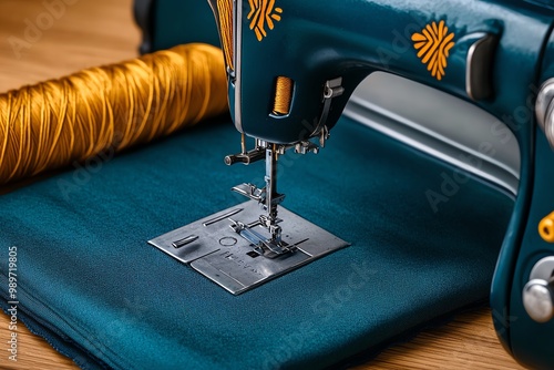 A close-up of a vintage sewing machine, with threads and fabric neatly laid out, evoking a nostalgic, homely feel photo