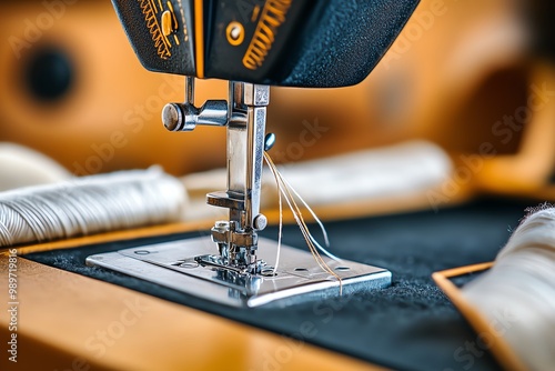 A close-up of a vintage sewing machine, with threads and fabric neatly laid out, evoking a nostalgic, homely feel photo