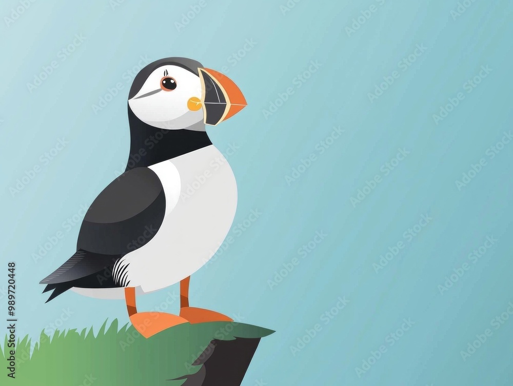 delightful puffin stands proudly on a grassy cliff, crafted in a paper cut-out style. Its black, white, and orange layers add charm, complemented by a soft blue background under afternoon light. delightful puffin stands proudly on a grassy cliff, crafted in a paper cut-out style. Its black, white, and orange layers add charm, complemented by a soft blue background under afternoon light.