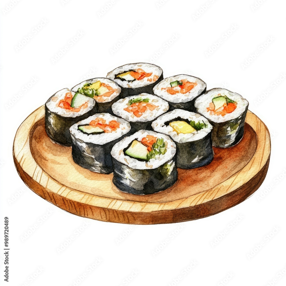 Watercolor Painting of Sushi Rolls on a Wooden Plate Watercolor Painting of Sushi Rolls on a Wooden Plate