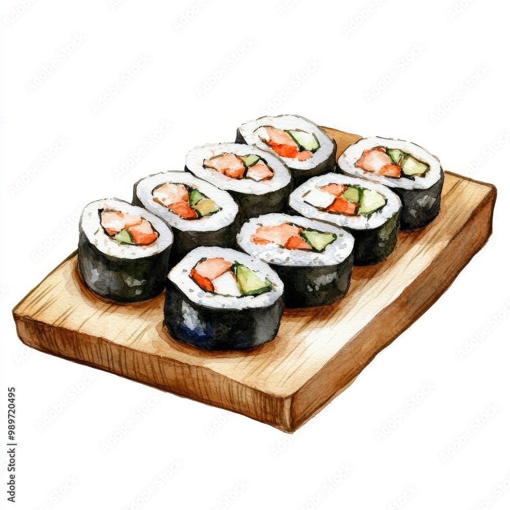 Watercolor Painting of Sushi Rolls on a Wooden Cutting Board Watercolor Painting of Sushi Rolls on a Wooden Cutting Board