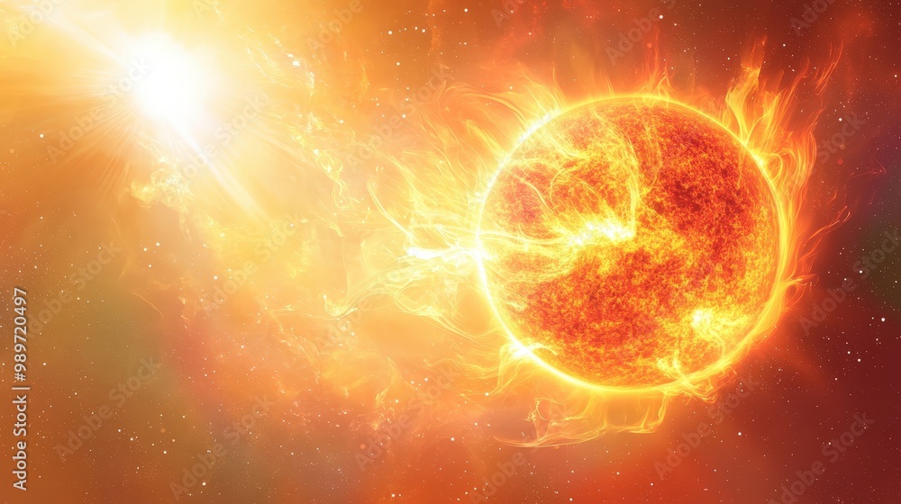 Fototapeta premium Celestial Energy Burst: Sun with Solar Flares in Geomagnetic Storm on Pastel Cosmic Background