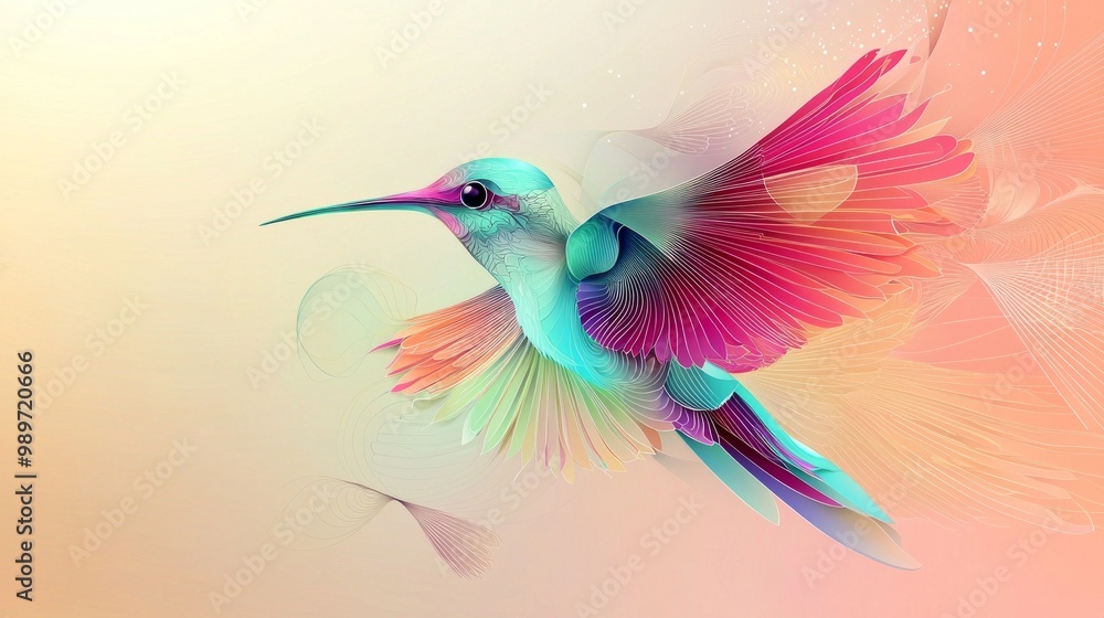 Obraz premium stunning representation of a hummingbird designed in an abstract paper style, featuring dynamic layers in greens, blues, and pinks against a light pastel background, evoking a sense of flight.