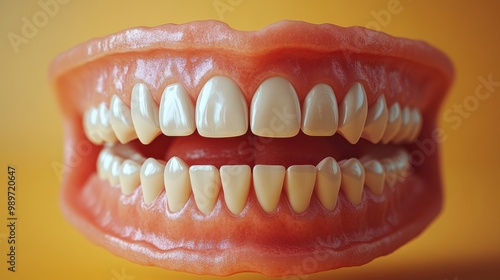 A Close-up of a Human Mouth with Gums and Teeth on a Yellow Background