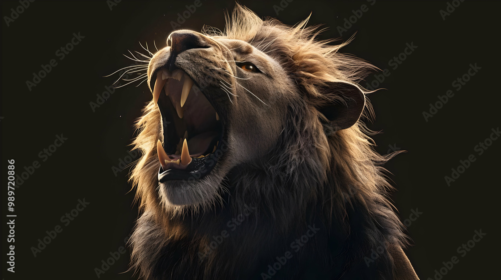Naklejka premium The Lion Roars, Its Mane a Golden Crown, a Copy Space Canvas for Dreams