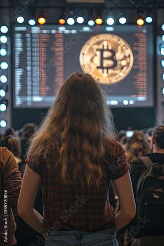 Woman facing Bitcoin symbol on digital display in crowd