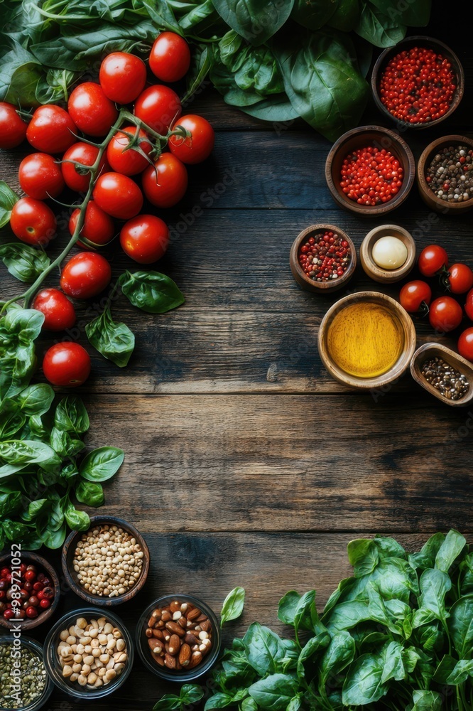 A table with a variety of vegetables and spices A table with a variety of vegetables and spices