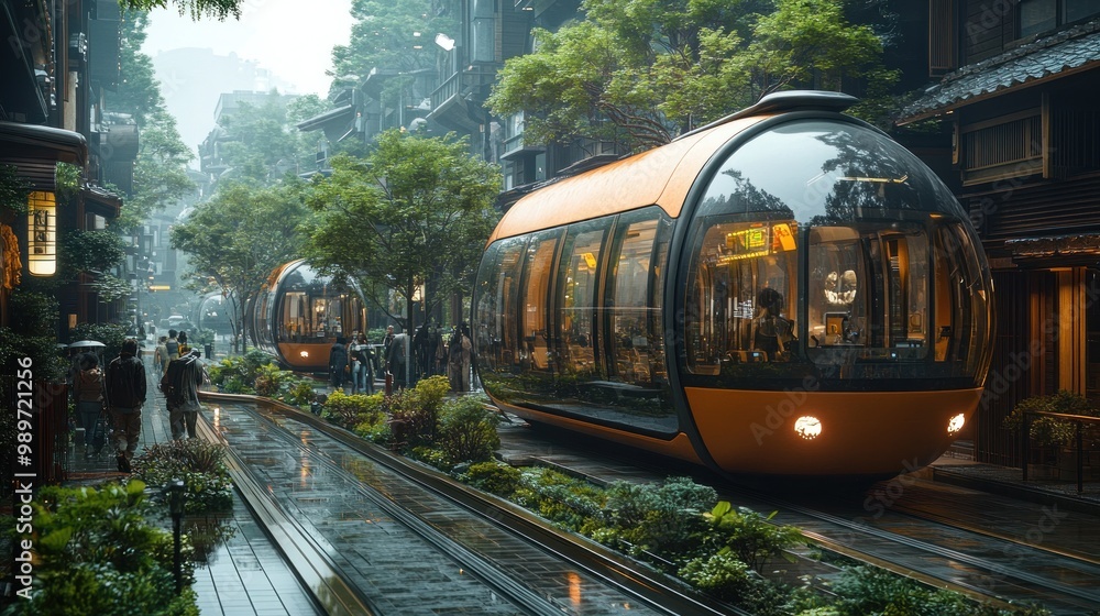 Naklejka premium Futuristic Cityscape with Modern Tram and Rain