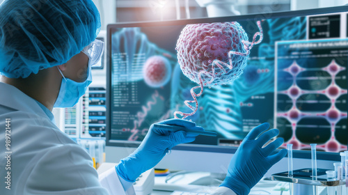 Dedicated scientist analyzing DNA sequences on advanced digital display for groundbreaking cancer research. Innovative laboratory equipment and detailed medical charts support complex genetic studies