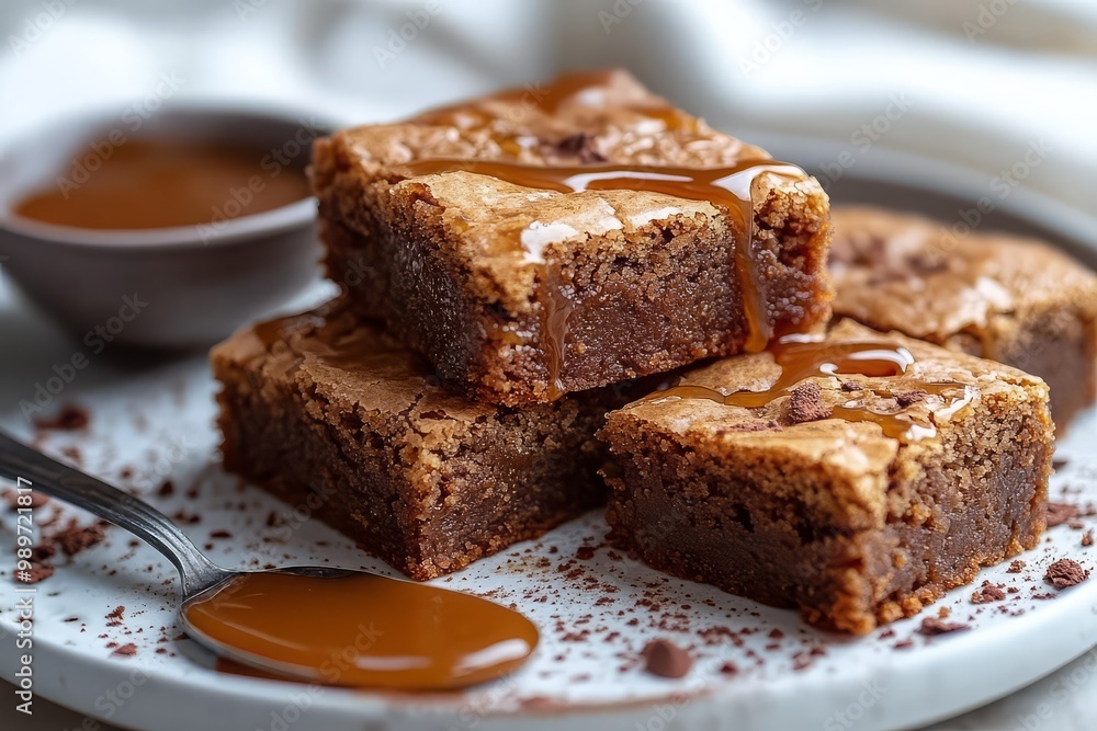 Fudgy Brownies with Caramel Drizzle on Plate Fudgy Brownies with Caramel Drizzle on Plate