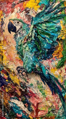 stunning parrot takes flight, crafted from layers of vibrant paper. Its dynamic pose and rich colors bring this tropical scene to life, perfect for children's decor.