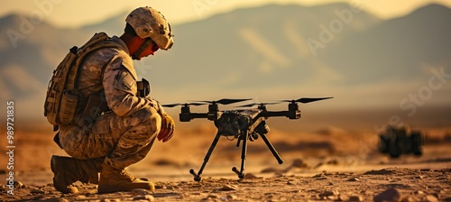 Soldier monitors drone operations during sunset in a desert environment