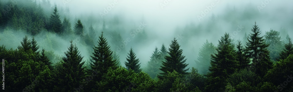 Fototapeta premium Misty fir forest with soft morning light filtering through the fog