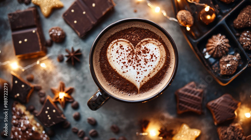 Cup of hot tasty coffee with coffe beabs, cinnamon and chocolate in the background, top down view. Heart shaped decor on the coffee. Horizontal frame photo