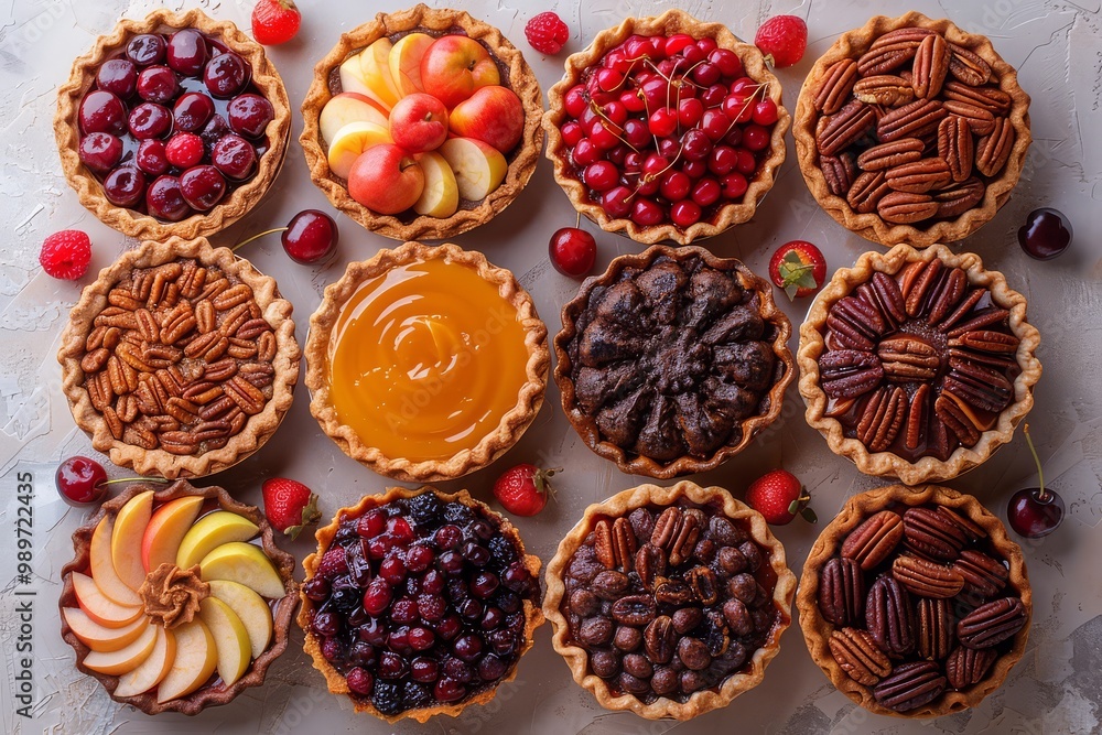 Assorted Fruit and Nut Pies Arranged in Rows Assorted Fruit and Nut Pies Arranged in Rows