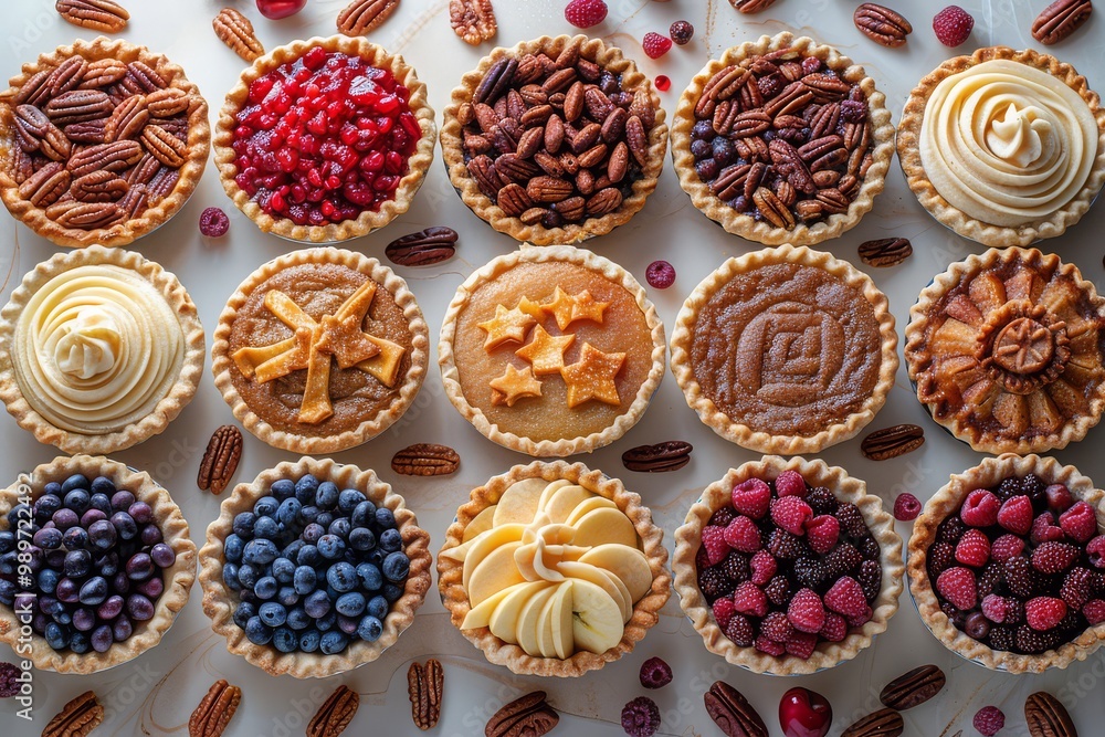Assorted Fruit and Nut Pies Arranged in Rows Assorted Fruit and Nut Pies Arranged in Rows