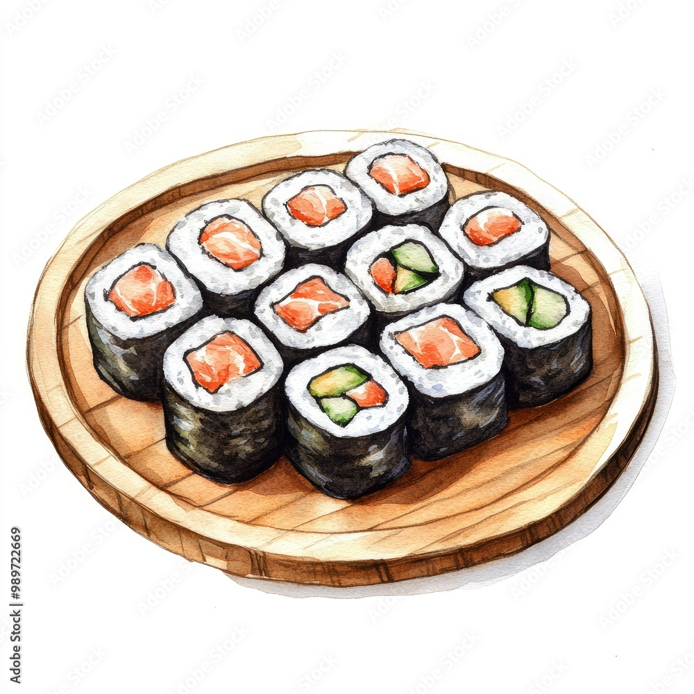 Watercolor Painting of Salmon and Avocado Sushi Rolls on a Wooden Plate Watercolor Painting of Salmon and Avocado Sushi Rolls on a Wooden Plate