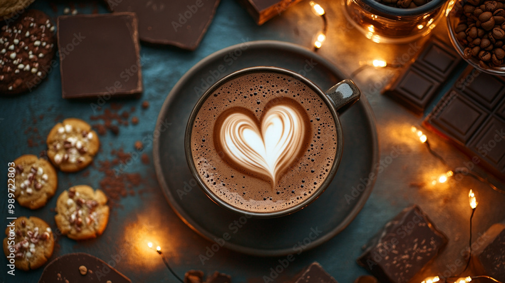 Cup of hot tasty coffee with coffe beabs, cinnamon and chocolate in the background, top down view. Heart shaped decor on the coffee. Horizontal frame Cup of hot tasty coffee with coffe beabs, cinnamon and chocolate in the background, top down view. Heart shaped decor on the coffee. Horizontal frame