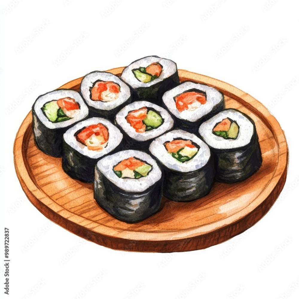 Watercolor Painting of a Plate of Sushi Rolls Watercolor Painting of a Plate of Sushi Rolls