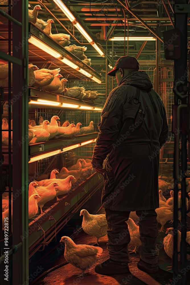 A person in a dark coat feeding or caring for chickens inside a large, illuminated coop A person in a dark coat feeding or caring for chickens inside a large, illuminated coop