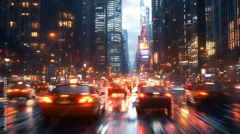 Neon towers casting vibrant glow on busy city streets Neon towers casting vibrant glow on busy city streets