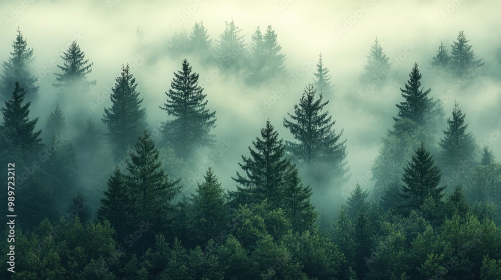 Fototapeta premium Misty fir forest with soft morning light filtering through the fog