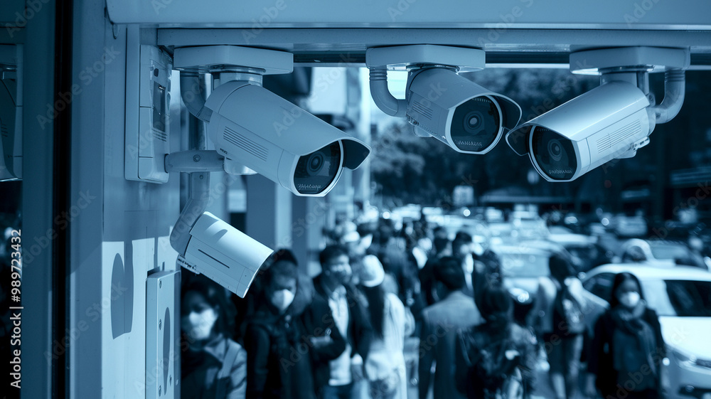Naklejka premium Surveillance cameras outside a building, monitoring a busy city street full of pedestrians.