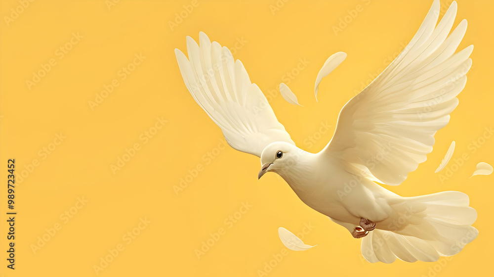 Fototapeta premium White Dove Soaring Through Yellow Sky, Copy Space for Your Message
