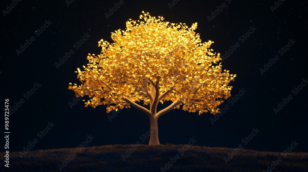 Glowing Tree with Bright Yellow Leaves at Night Glowing Tree with Bright Yellow Leaves at Night