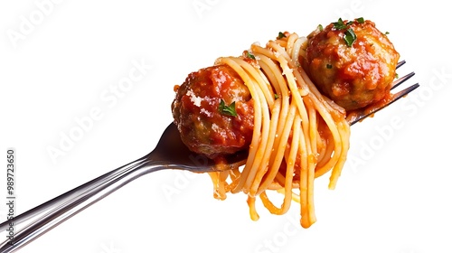 Illustration of isolated photo of a fork with spaghetti and meatballs
