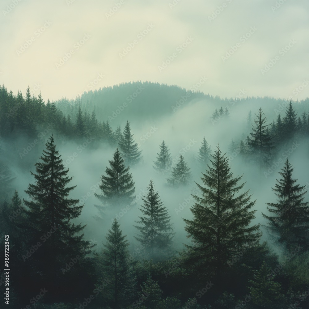 Fototapeta premium Misty fir forest with soft morning light filtering through the fog