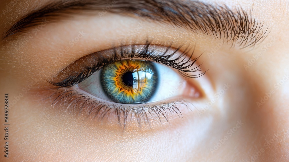 Fototapeta premium A close-up shot of a human eye with intricate detail and a captivating color pattern in the iris, revealing the beauty and complexity of this essential sensory organ