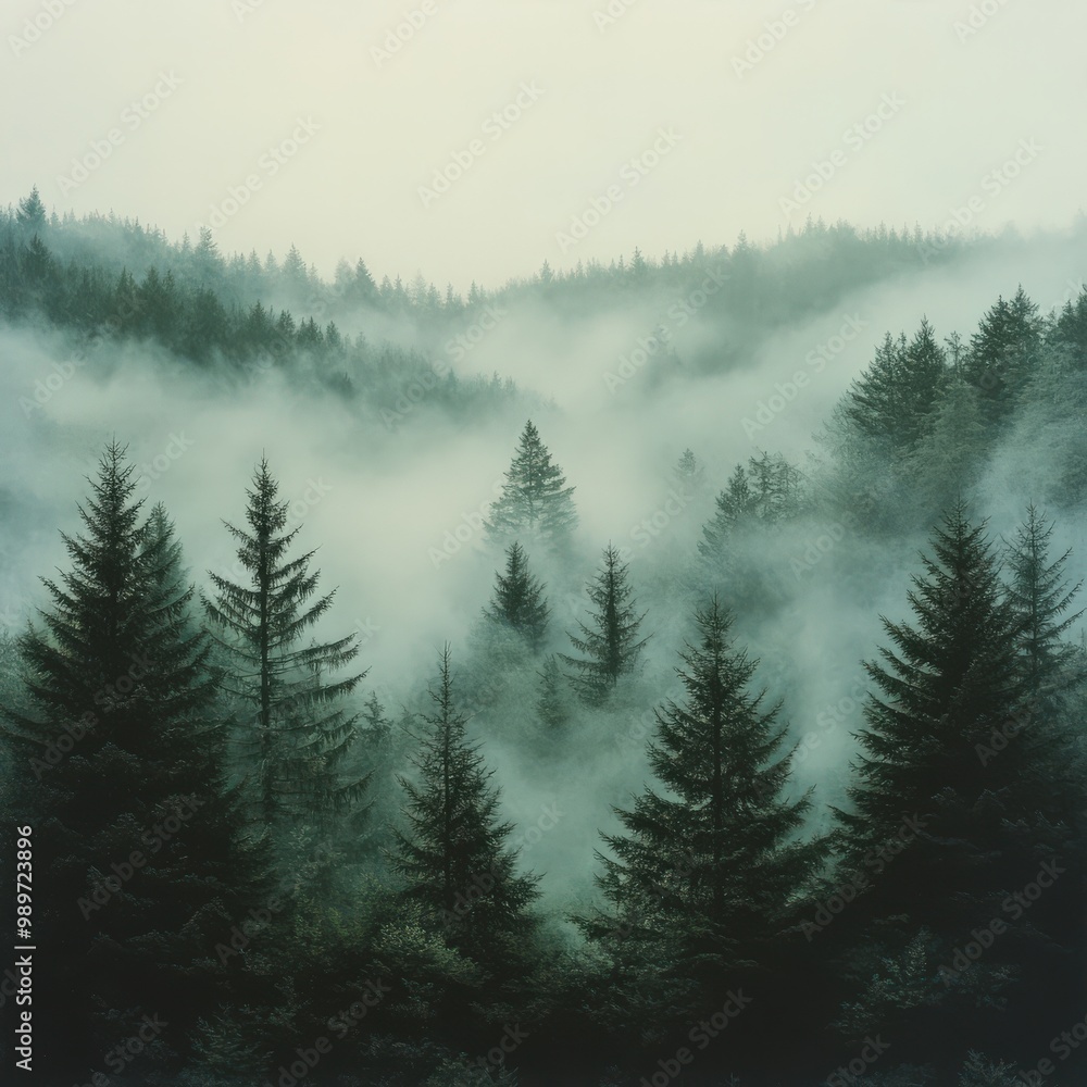 Fototapeta premium Misty fir forest with soft morning light filtering through the fog