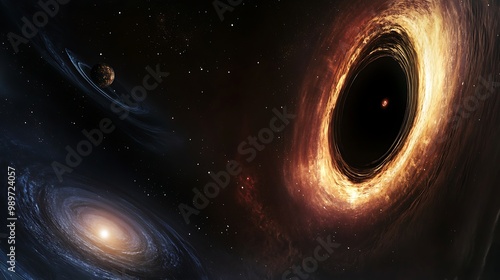 Event horizon of a black hole with spaghettification visible dark matter swirling and a nearby Seyfert galaxy and brown dwarf photo