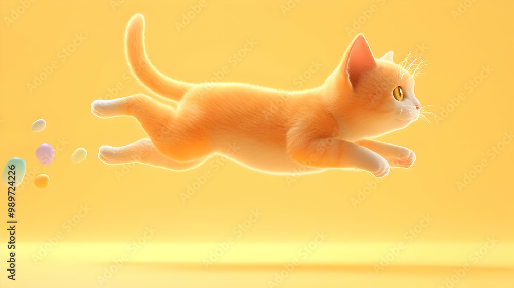 Fototapeta premium Orange Kitten Leaps for Colorful Treats, Copy Space