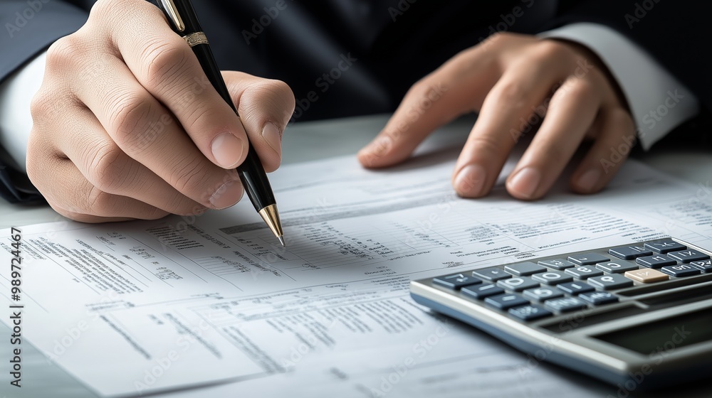 Accountant concentrating on evaluating financial reports reflecting precision analysis economic oversight. AI generated Accountant concentrating on evaluating financial reports reflecting precision analysis economic oversight. AI generated
