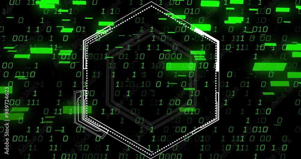 Hexagonal frame over green binary code and digital data processing image Hexagonal frame over green binary code and digital data processing image
