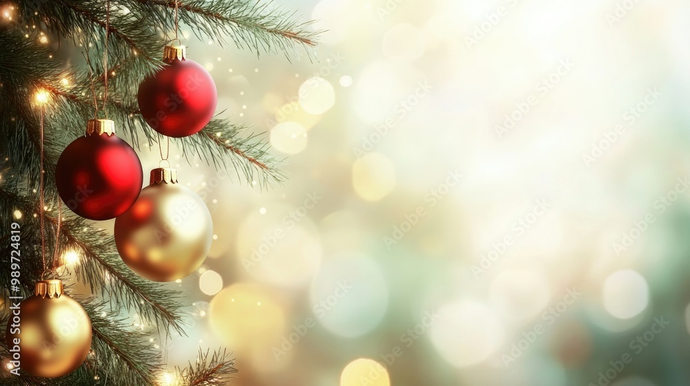 Festive christmas decorations on pine tree branches with glowing lights - perfect for holiday greeting card or seasonal flyer design Festive christmas decorations on pine tree branches with glowing lights - perfect for holiday greeting card or seasonal flyer design
