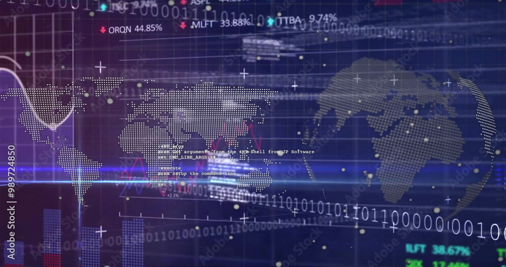 Image of binary coding and financial data processing over world map Image of binary coding and financial data processing over world map