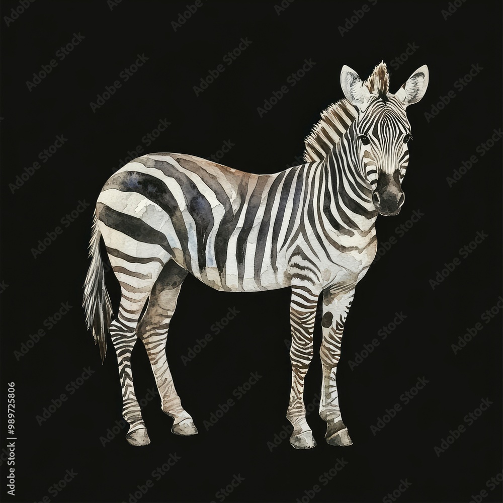 Fototapeta premium Watercolor Painting of a Zebra Standing Against a Black Background