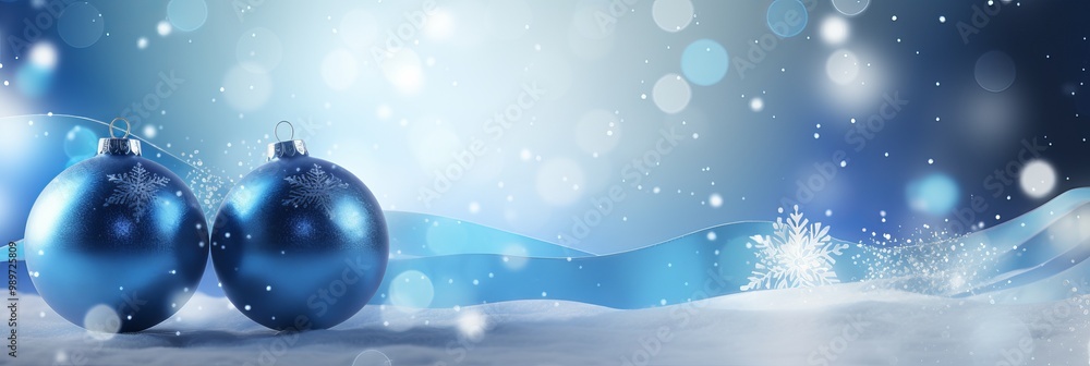 Two blue Christmas ornaments on a snowy surface with sparkling snowflakes and soft blue background Two blue Christmas ornaments on a snowy surface with sparkling snowflakes and soft blue background