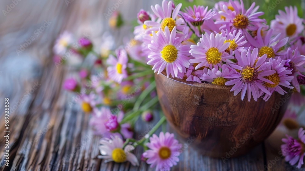 A bouquet of vibrant pink daisies placed in a wooden bowl on a rustic wooden table, exuding charm and natural beauty.. A bouquet of vibrant pink daisies placed in a wooden bowl on a rustic wooden table, exuding charm and natural beauty..