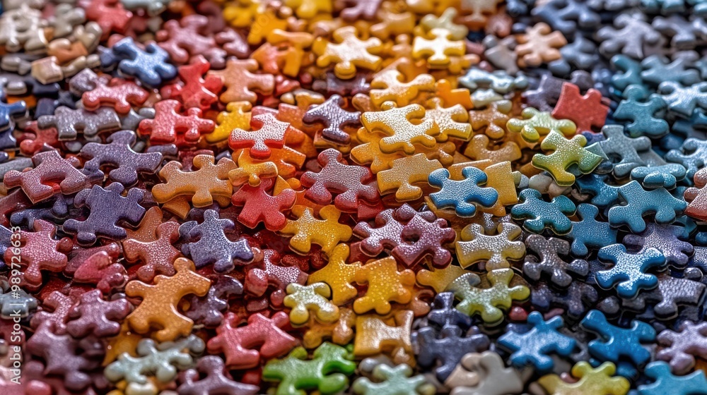 A Close-Up View of a Puzzle Composed of Colorful Pieces, Each Piece Exhibiting a Unique Texture and Shape, Creating a Visually Appealing and Intriguing Composition A Close-Up View of a Puzzle Composed of Colorful Pieces, Each Piece Exhibiting a Unique Texture and Shape, Creating a Visually Appealing and Intriguing Composition