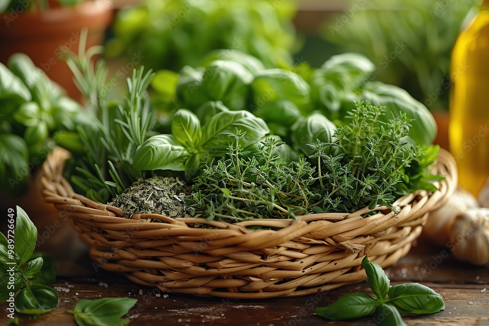 Naklejka premium Fresh Herbs in Basket