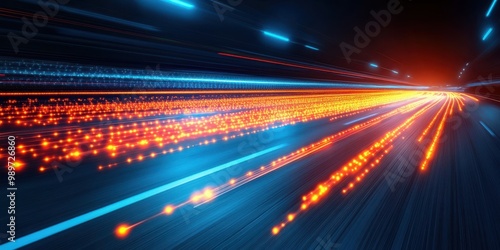 A digital highway with glowing lines and particles representing the flow of information and technology photo